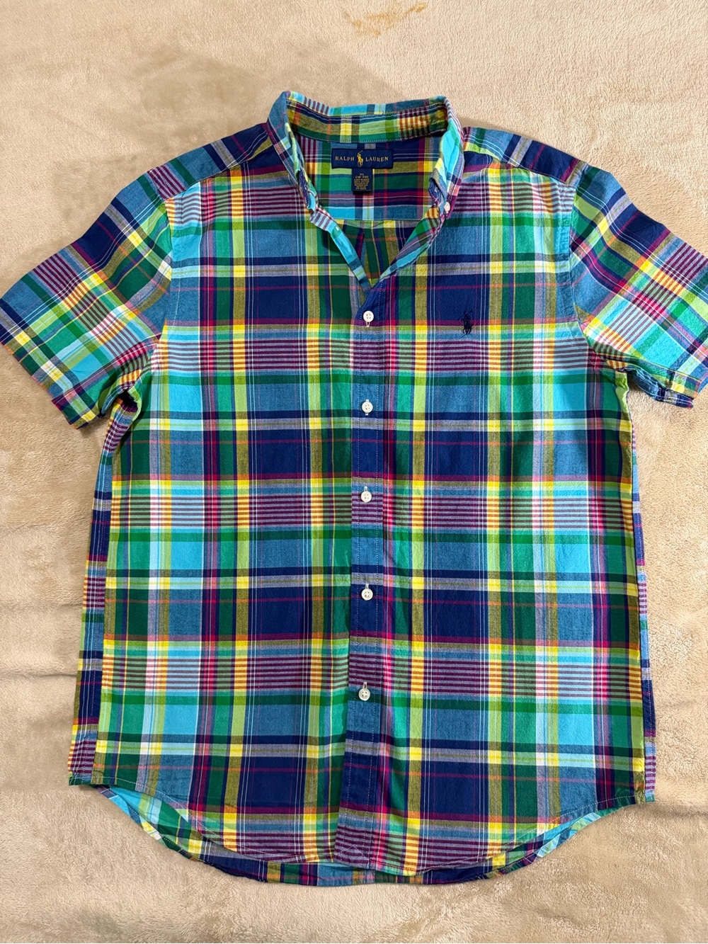 Ralph Lauren Blue Green Yellow Plaid Short-Sleeve Button-Down Shirt